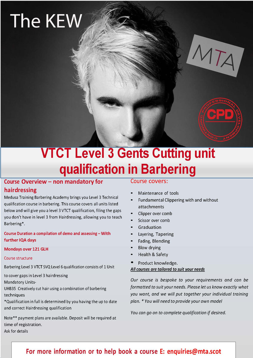VTCT Level 3 Gents Cutting unit qualification in Barbering Non Manda MTA Education
